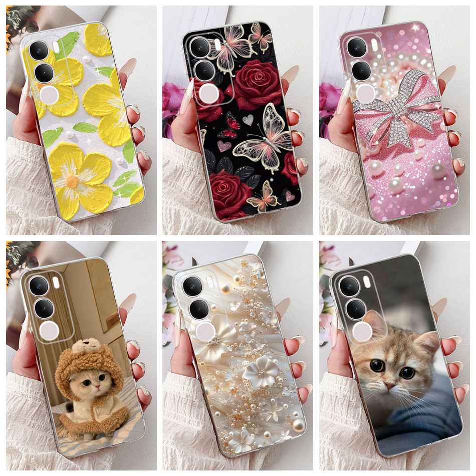 สําหรับVivo Y200 (5G) / Y200 4G Elegant Floral Catเคสโทรศัพท์VivoY200 Y 200 4G 5Gซิลิโคนนุ่มTPUกรณี
