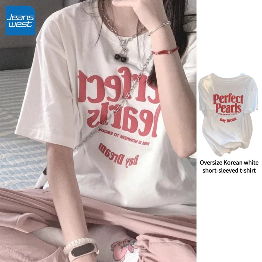 เสื้อเชิ้ตแขนสั้นผู้หญิง Jeanswest สไตล์เกาหลี ลายพิมพ์อินเทรนด์ ผ้าฝ้าย หลวม โอเวอร์ไซส์ สีขาว