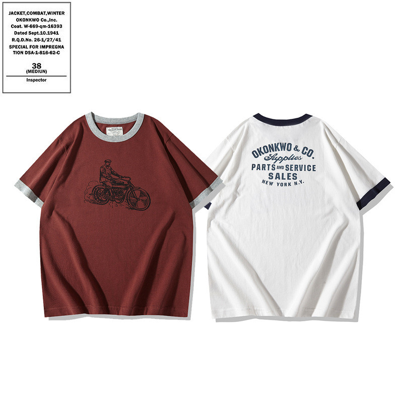 เสื้อยืดมอเตอร์ไซค์วินเทจ OKONKWO ด้ายบล็อกสี Amikaji เสื้อยืดแขนสั้นรถจักรยานยนต์ย้อนยุค