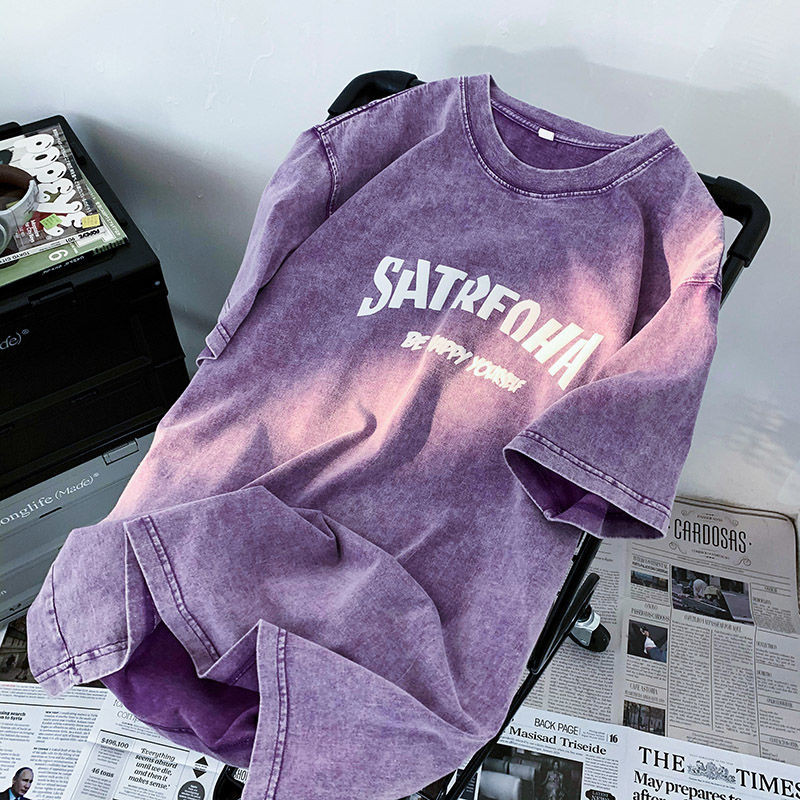 (จัดส่งตลอด 24 ชั่วโมง）Angle Official ล้างทำเก่าแขนสั้นเสื้อยืดผู้หญิงอเมริกันวินเทจยูโรสินค้าสีม่วงแขนครึ่งด้านบนที