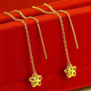 Elegant Golden Ear Wires ผู้หญิงs พู่ดอกไม้ยาวต่างหู Drop ต่างหูเครื่องประดับหูของขวัญสําหรับแฟน