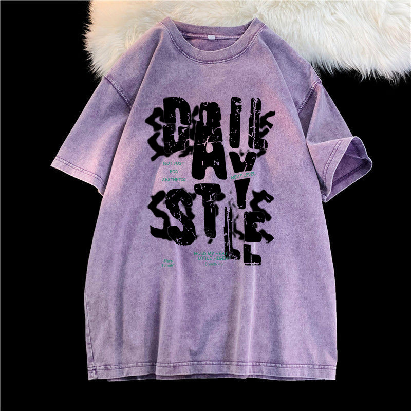 (จัดส่งตลอด 24 ชั่วโมง）Angle Official ล้างทำเก่าแขนสั้นเสื้อยืดผู้หญิงอเมริกันวินเทจยูโรสินค้าสีม่วงแขนครึ่งด้านบนที - รูปที่ 3