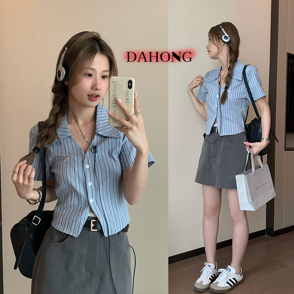 Dahong เสื้อเชิ้ตแขนสั้นเข้ารูป ลายทาง คอโปโลแขนสั้นเอวยืด สไตล์นักศึกษา แฟชั่นฤดูร้อน สําหรับผู้หญิง W577