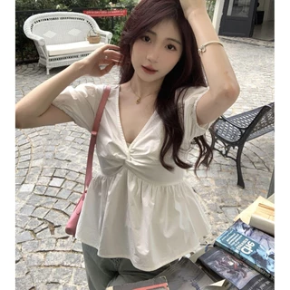 Chili Koko เสื้อแขนพองคอวีบิดสำหรับผู้หญิง เสื้อคอวีเปิดหลังแบบใหม่สำหรับฤดูร้อน w610