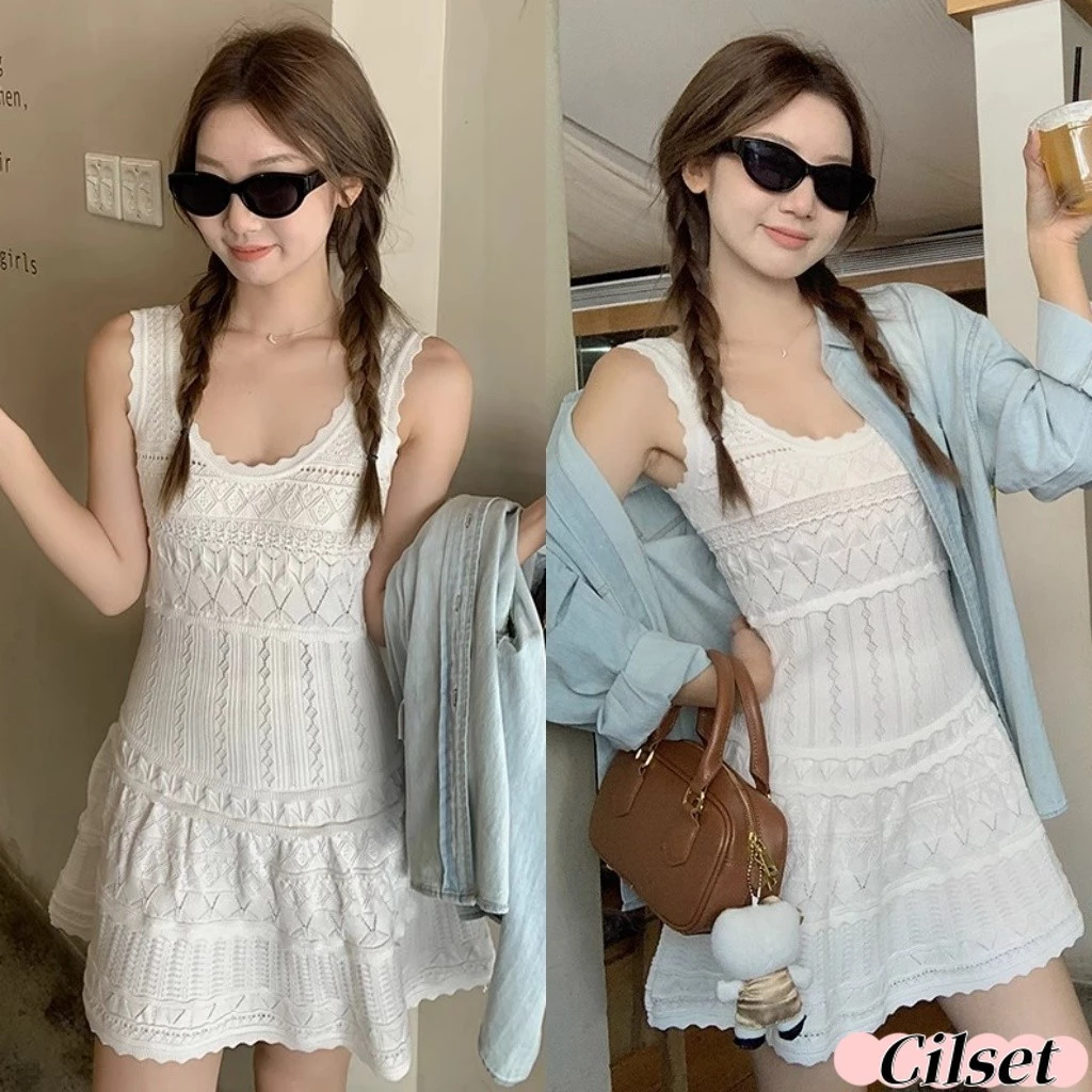 Cilset🛒พร้อมส่ง🎀 ชุดมินิเดรส สีขาว ผ้าไหมพรม สีพื้น สไตล์มินิมอล เข้ารูป ใส่สบาย สง่างาม สไตล์ซัมเมอร์ /W-N096
