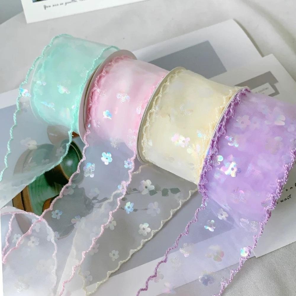 BANO1 ริบบิ้นผ้าไหม, 4 ซม. 10 หลาริบบิ้นชีฟอง, ขอบคลื่นจีบห่อของขวัญช่อดอกไม้ DIY ตกแต่ง - รูปที่ 4