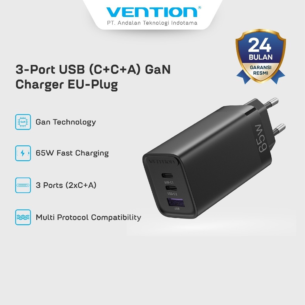 Vention Wall Charger Gan Charger 2C+A 65W PD Fast Charging EU 65W PD GaN Tech ชาร์จสูงสุด 3 อุปกรณ์ 