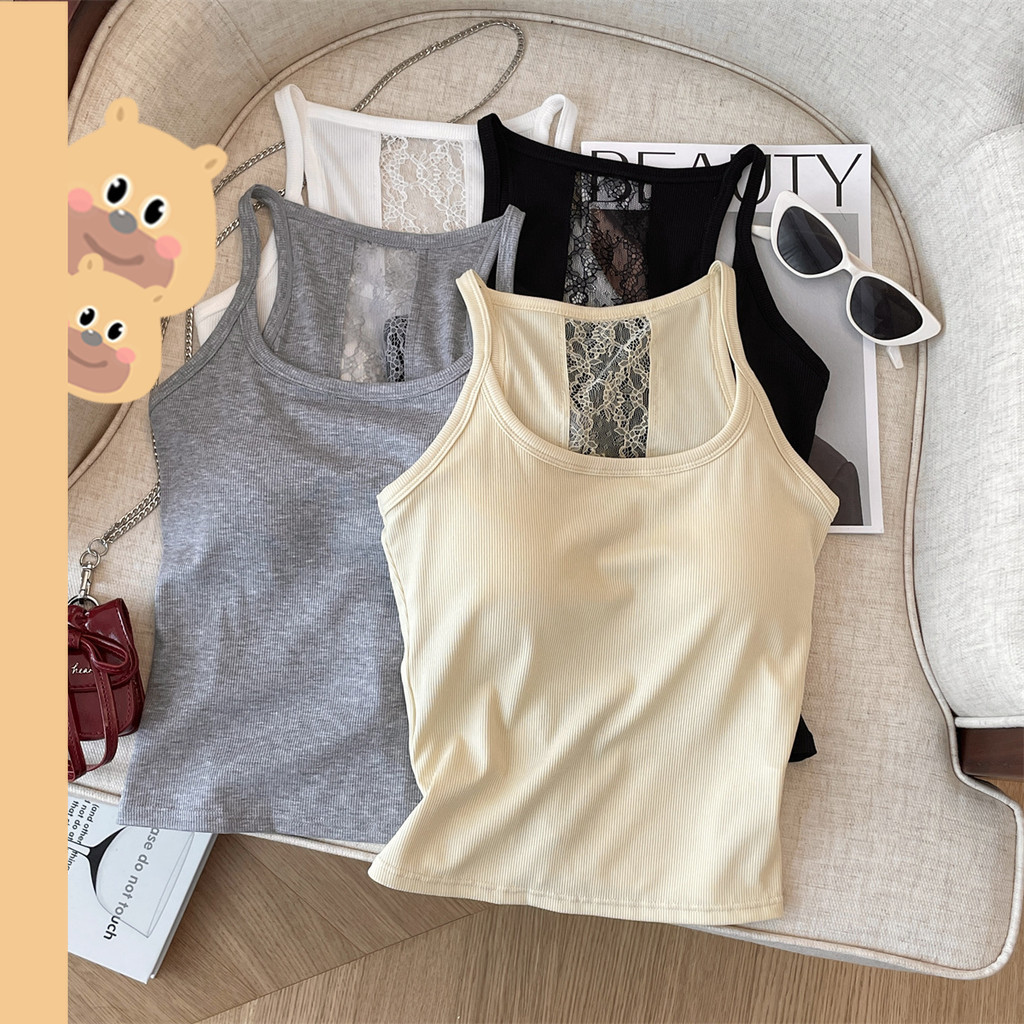 🎀bearbra🎀เสื้อสายเดี่ยว ผ้าบางใส่สบายมากสีพื้น ราคาถูก เสื้อกั๊กลูกไม้คัตเอาท์ด้านหลังหญิง เสื้อครอปอินเทรนด์สไตล์ใหม่