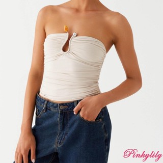 Pink -ผู้หญิง tidding Tube Tops ฤดูร้อนที่ไม่มีสายหนังสีทึบค…