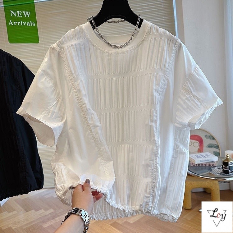 เสื้อผ้าผู้หญิงไซส์ใหญ่สไตล์เกาหลีและญี่ปุ่น เสื้อเชิ้ตแขนสั้นทรงหลวม ผ้าชีฟองลายดอกไม้สไตล์ฝรั่งเศส คอเหลี่ยม แขนพอง ช่วยให้ดูผอมเพรียว รุ่นใหม่สำหรับฤดูร้อน สีขาว