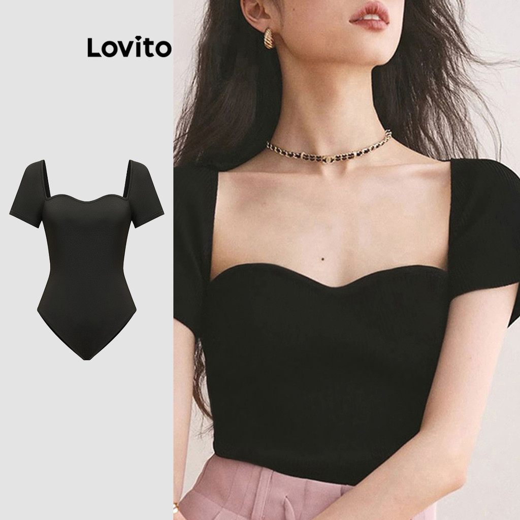 Lovito บอดี้สูทผู้หญิง มีกระดุม สีพื้น สไตล์ลำลอง L91AD270