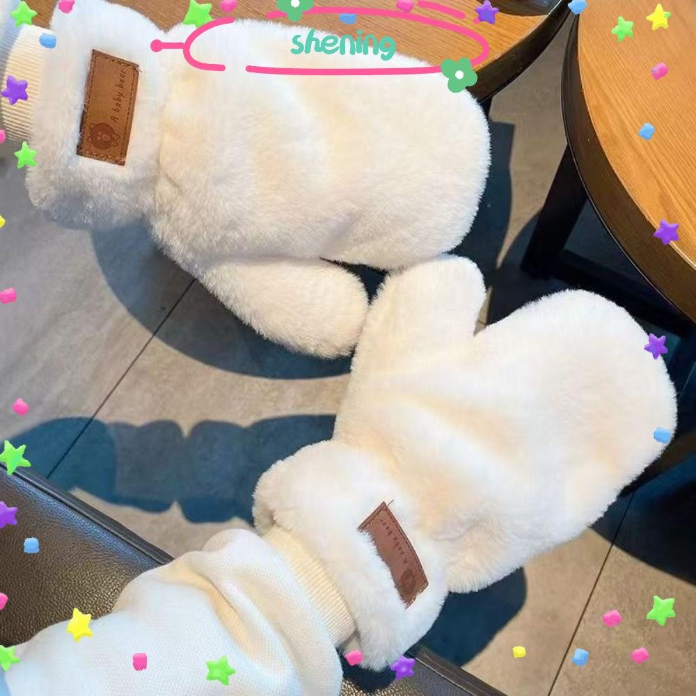 ถุงมือตุ๊กตา ตอนเย็น ถุงมือกันหนาวผ้ากํามะหยี่สีทึบ, ผู้หญิงนวมหนาอบอุ่นปุย
