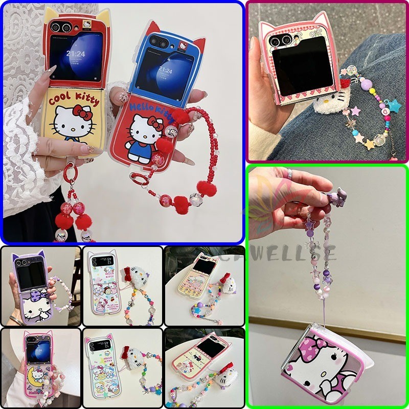 หลากหลาย Hello Kitty Soft TPU ซิลิโคนหูแมวพร้อมเชือกเส้นเล็ก Samsung Galaxy Z Flip 7 6 7FE 5 4/3 พิมพ์ปลอกสร้อยข้อมือกันกระแทกฝาหลัง Flip6 Flip7
