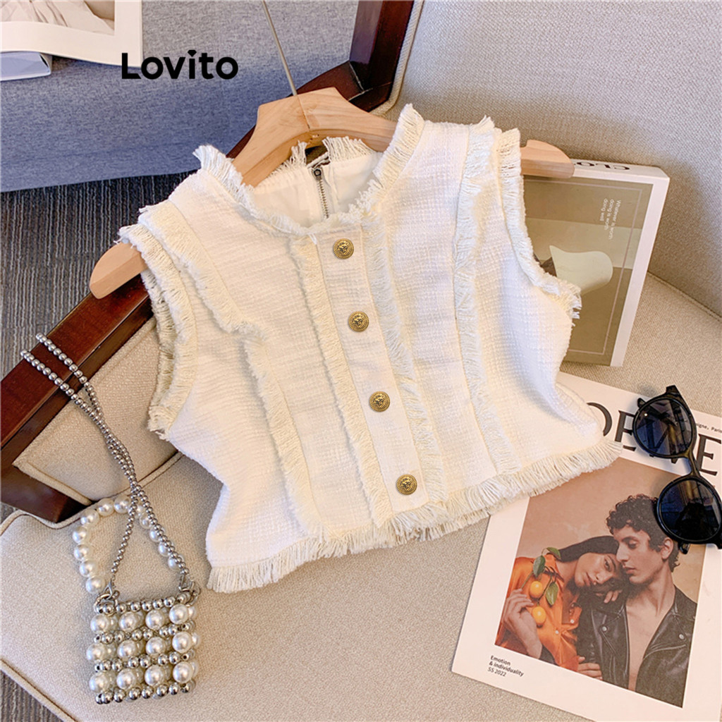 Lovito เสื้อแขนกุดผู้หญิง กระดุมหน้า แบบขอบรุย สีพื้น สไตล์ลำลอง LNE30052 (สีออฟไวท์)