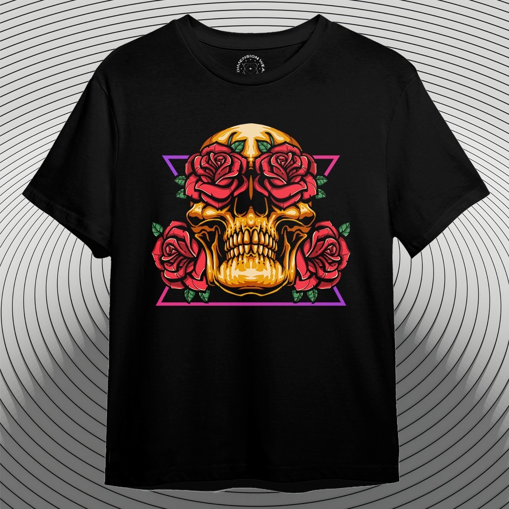 3DimensionWear - Kaos Distro Premium 3D Skull Gold Roses - DT0920