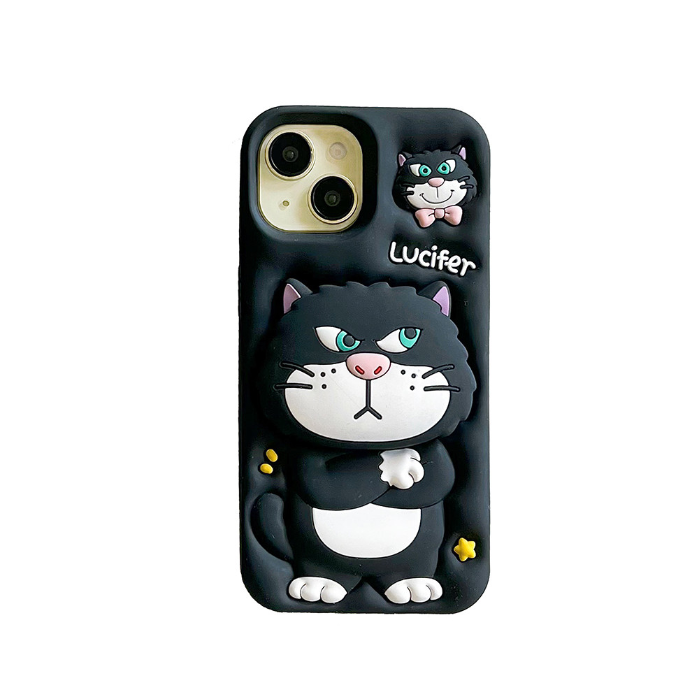 น่ารัก 3D การ์ตูน Lucifer แมวซิลิโคนนุ่มขาตั้งสําหรับ iPhone 17 16 15 14 Plus 13 12 Pro Max