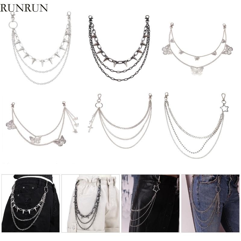 Run Multilayer กางเกงโซ่ Punk สไตล์โซ่โลหะเข็มขัดอินเทรนด์ Unisex กางเกงสําหรับปาร์ตี้ชุด