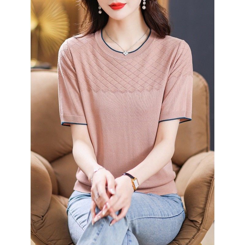 แม่สวมเสื้อยืดแขนสั้นผู้หญิง 40 ปี เทนเซล สูงสุด 2023 ผู้หญิงวัยกลางคนเสื้อกันหนาวผ้าไหมน้ําแข็ง ว12.1