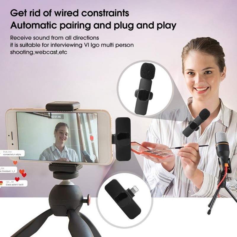 3in1 ไมโครโฟนไร้สายแบบหนีบเสื้อเสียงสดบันทึกวิดีโอลดเสียงรบกวน 3.5 มม.Plug & Play Mic สําหรับ IPhone Android - Noise Cancelling แบบพกพา