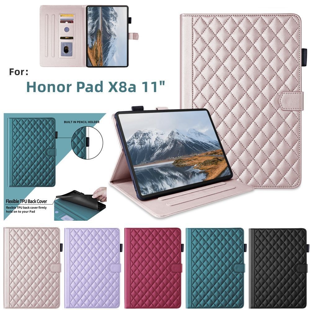สําหรับ Honor Pad X8A 11 นิ้วกรณี NDL-W09/AL00 แท็บเล็ตขาตั้งแฟชั่น Rhombus หนังการ์ดซิลิโคนกันกระแทกฝาครอบ