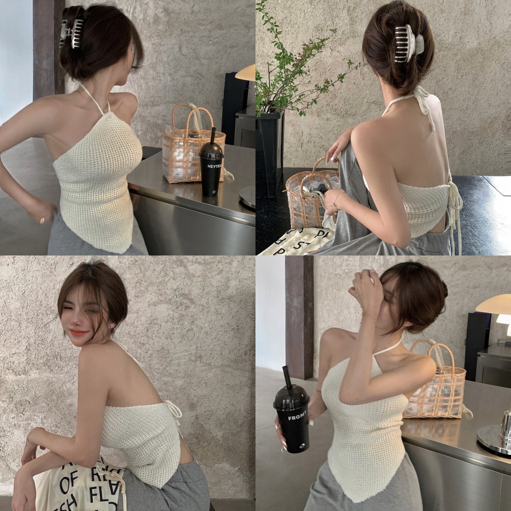 Anne เสื้อกล้าม เปิดหลัง สีพื้น สุดแซ่บดีเทลผูกด้านหลัง ผ้าถัก เสื้อแขนกุด สไตล์ลำลอง ใส่ไปทะเล⭐️#83306 – โปรปัง