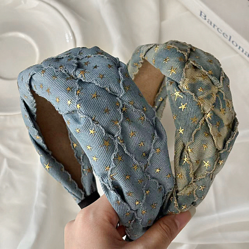 เวอร์ชั่นเกาหลี Niche Denim Star ที่คาดผมการออกแบบรู้สึกเย็บ Twist แถบคาดศีรษะสูงแถบคาดศีรษะปีกกว้างแฟชั่น Hairpin Headwear