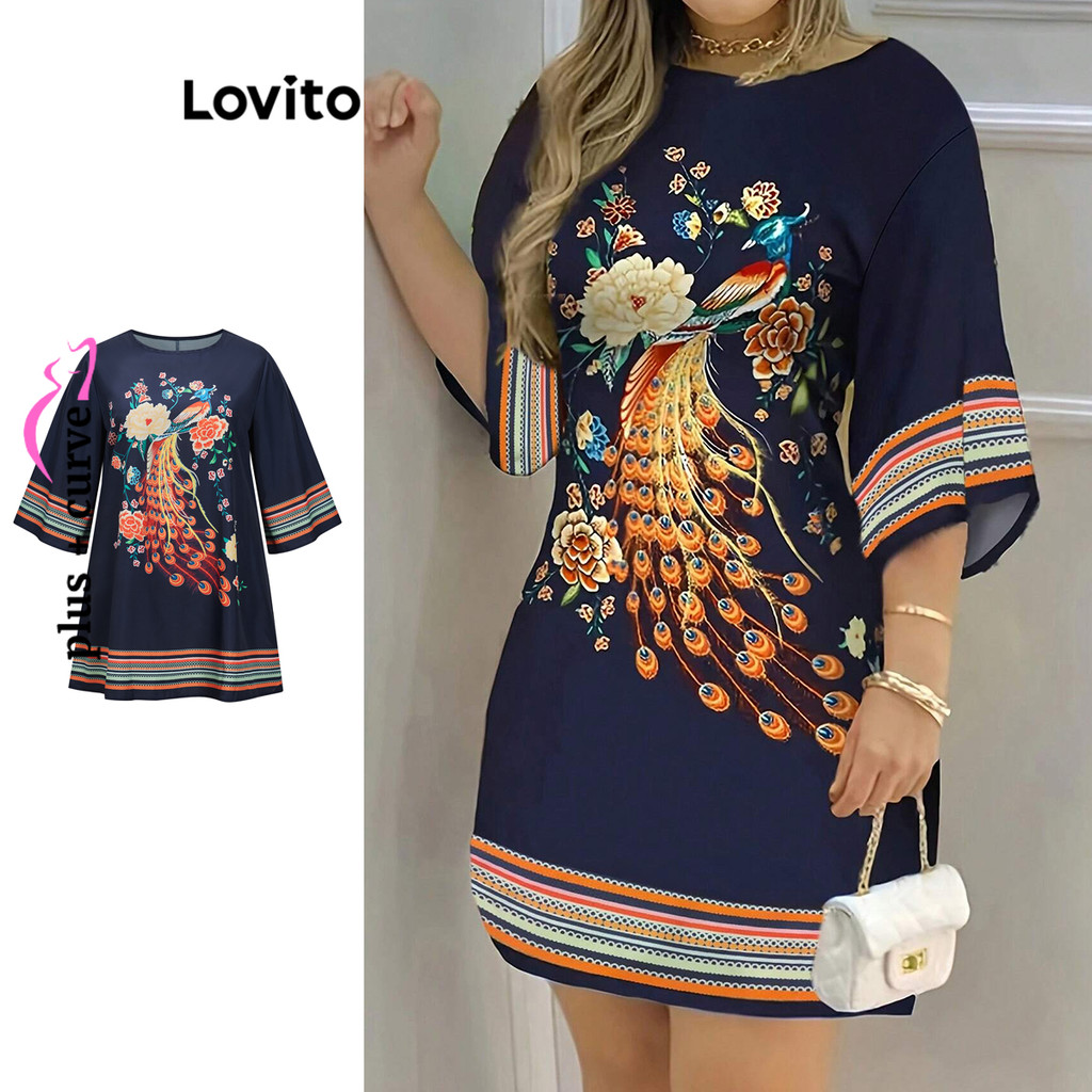 Lovito เดรสสาวอวบ ลายสัตว์ คัลเลอร์บล็อก สไตล์ลำลอง LBL14565