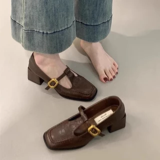 รองเท้าส้นสูงหัวเหลี่ยมส้นหนาผู้หญิงมีปากตื้น