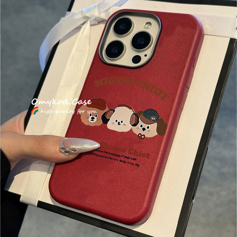 ปลอกสําหรับ Samsung S21 S22 S23 S24 Plus Ultra S20 FE S23 FE S24 FE เคสโทรศัพท์ INS เกาหลีสามลูกสุนัขสุนัขน่ารักการ์ตูนไวน์แดง Anti Drop ป้องกันฝาครอบหนังนุ่ม