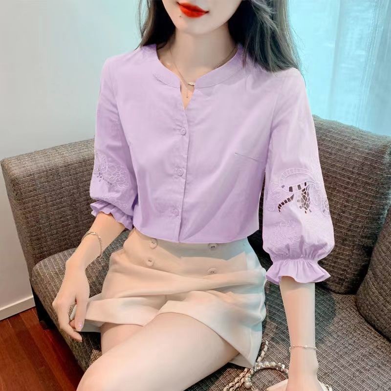 เสื้อเชิ้ตแขนพองเจ็ดส่วนคอตั้งแบบใหม่ฤดูร้อนสไตล์ฝรั่งเศสเสื้อแฟชั่นทรงหลวมเรียบง่ายใส่สบายลำลองแมทช์ลุคง่ายสำหรับผู้หญิงสีพื้นแบบตะวันตก