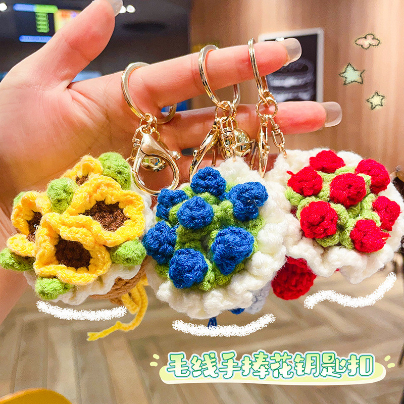 พวงกุญแจวันครูจําลองถักพวงกุญแจดอกไม้ตุ๊กตาดอกทานตะวันกุหลาบช่อสร้างสรรค์กระเป๋าจี้ของขวัญวันแม่วันครู