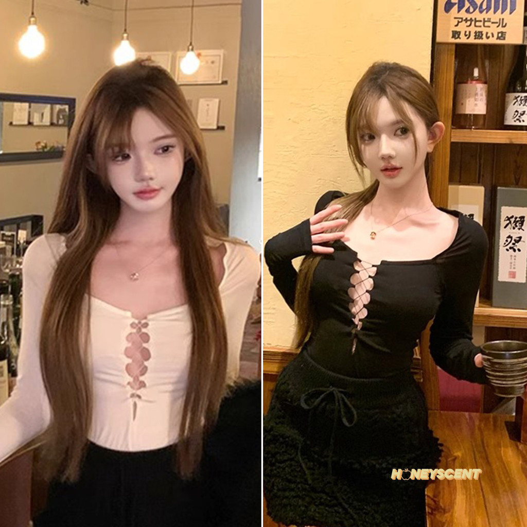 เสื้อยืดแขนยาวผู้หญิงเปิดไหล่ คอลึกแหวกอกสุดเซ็กซี่