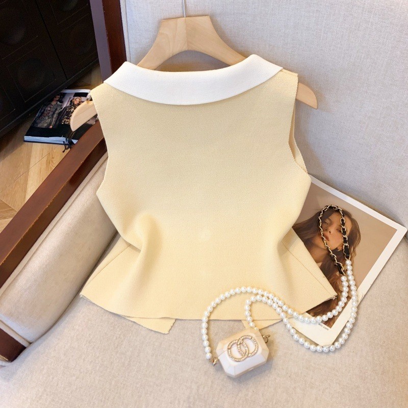 COCO-เสื้อสุภาพสตรี สี Splicing รุ่นบาง คอวี ประเภทกระบอกตรง ความเรียบง่าย อารมณ์ สุภาพสตรี แฟชั่นฤดูร้อน แผนกฮัน - รูปที่ 4