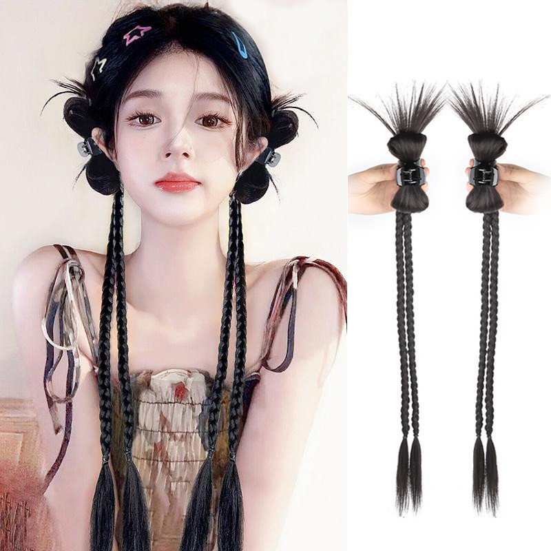 วิกผมถักเปียผมหางม ้ าคู ่ คลิปโบว ์ สาวน ่ ารักมวย Braid ครึ ่ งผูกคว ้ าคลิปจําลองอุปกรณ ์ เสริมผม