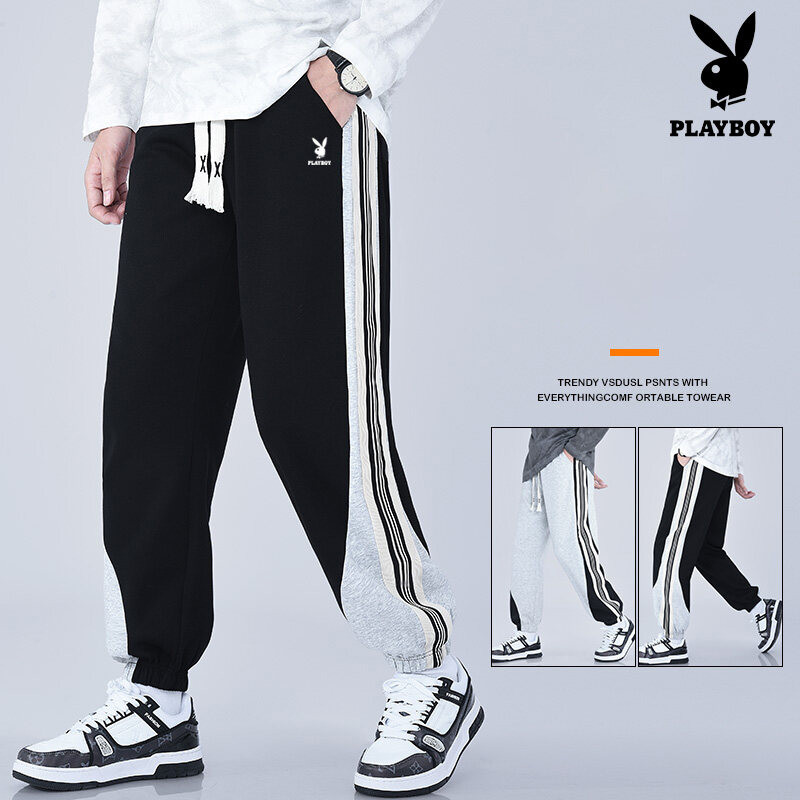 PLAYBOY กางเกงลําลองสําหรับผู้ชายและผู้หญิงหล่อสบายและหลวม Spliced Stovepipe