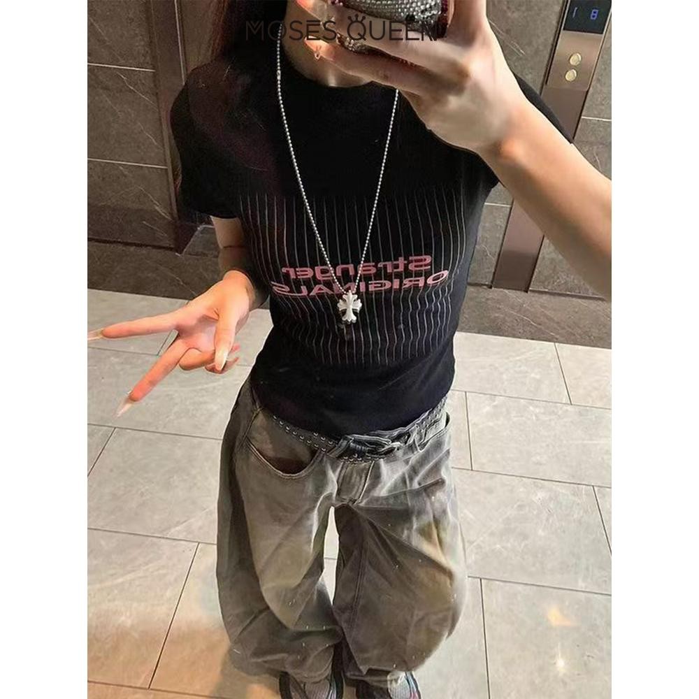 MOSESQUEEN  เสื้อยืดแขนสั้นพิมพ์ลายย้อนยุคอเมริกัน 2025 ฤดูร้อนใหม่ไหล่เสื้อยืดสาวร้อนบาง #63037 - ภาพย่อย 4