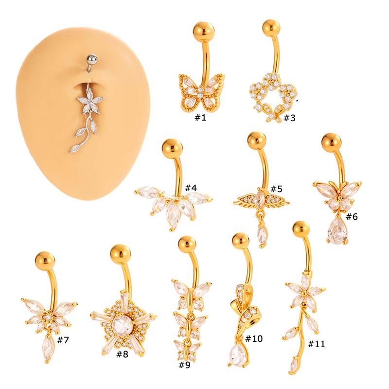 1 ชิ้นผีเสื้อรูปดอกไม้โค้ง Barbell Belly ปุ่มแหวนสแตนเลส Zirconia Silver Gold สี