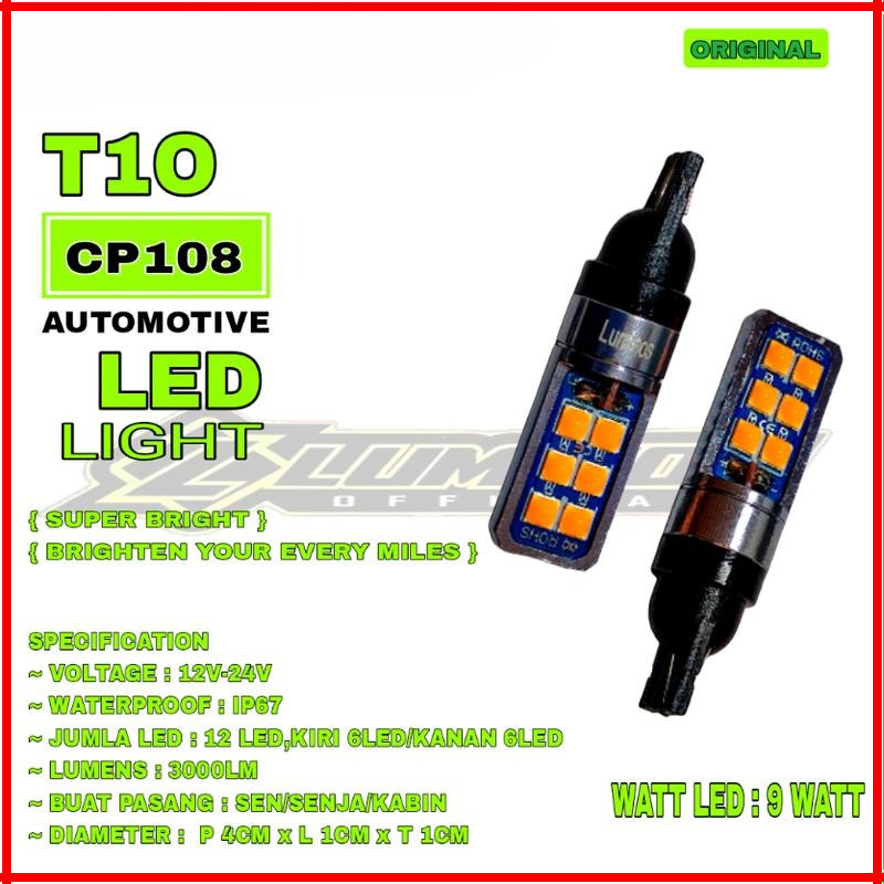 MERAH T10/T5 LUMINOS 12Led CP108 สีขาวสีแดงสีเหลืองสีฟ้าไฟเลี้ยว