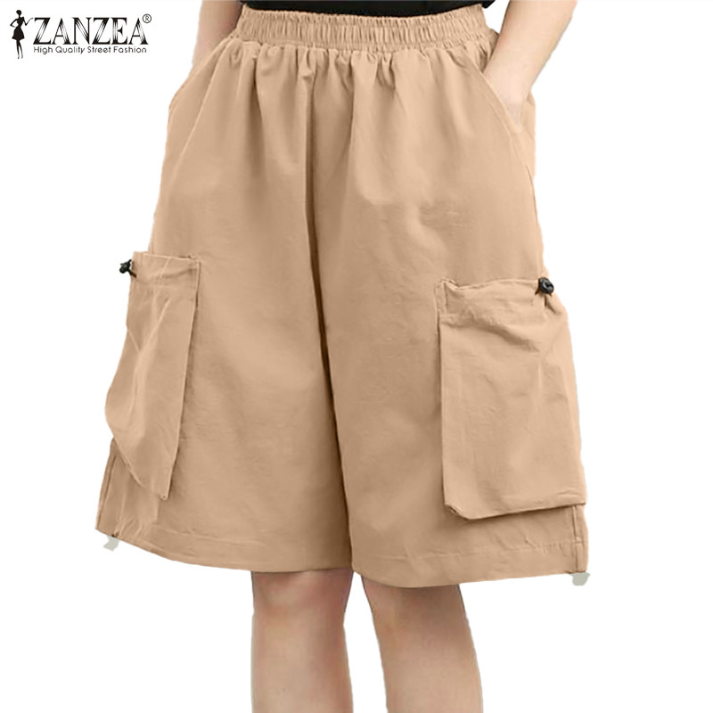 ZANZEA ชุดทํางานเอวยางยืดแฟชั่นเกาหลีสําหรับผู้หญิง 3D กระเป๋ากางเกงขาสั้นขากว้างหลวม