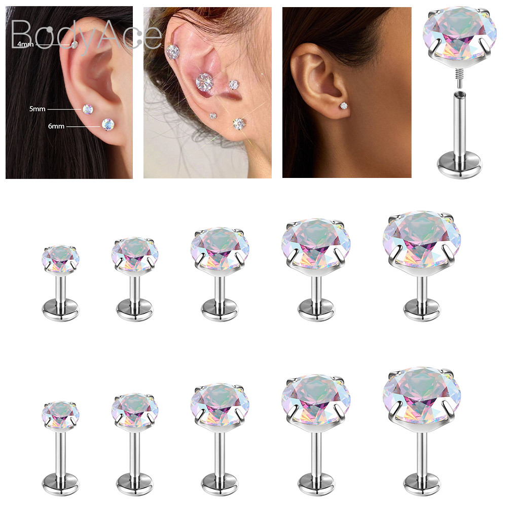 Bodyace 1 Pc 16G/18G หูเจาะเหล็กผ่าตัด Lip เจาะ Cubic Zircon Stud ต่างหูกระดูกอ่อนต่างหู Sung หูเจาะ