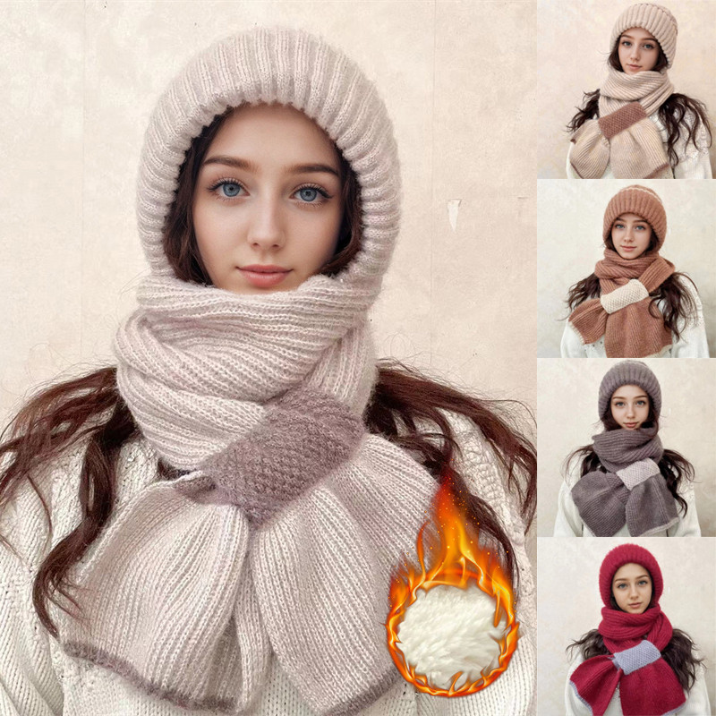 หมวกผ้าพันคอ ใส่ในหนึ่งเดียวหญิงฤดูหนาวที่อบอุ่นถักหมวกขี่จักรยานป้องกันหูเย็นหลักฐานคอหมวก