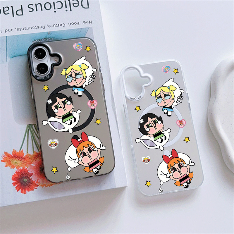 การ์ตูน Powerpuff Girls น่ารัก POP MART Crybaby Happy Girl Micro Frosted Hard MagFit สําหรับ iPhone 16 Pro Max 16 Plus 15 14 + 13 Pro Max 12 ป้องกันลายนิ้วมือแม่เหล็ก iPhone 11 ฝาครอบ