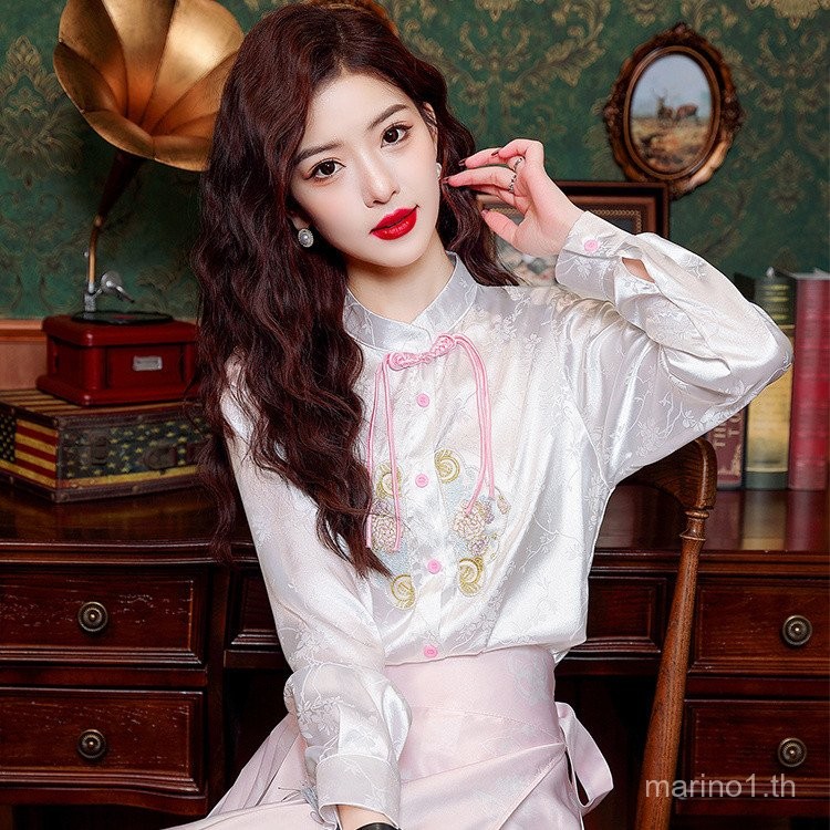 H Anfu ด้านบน qipao เสื้อด้านบน CNY ผู้หญิงเครื่องเย็บปักถักร้อย R etro jacquard เสื้อแขนยาวสำหรับผู้หญิงฤดูใบไม้ผลิ2024ใหม่สไตล์จีนเซนหัวเข็มขัดใหม่สไตล์จีนด้านบน