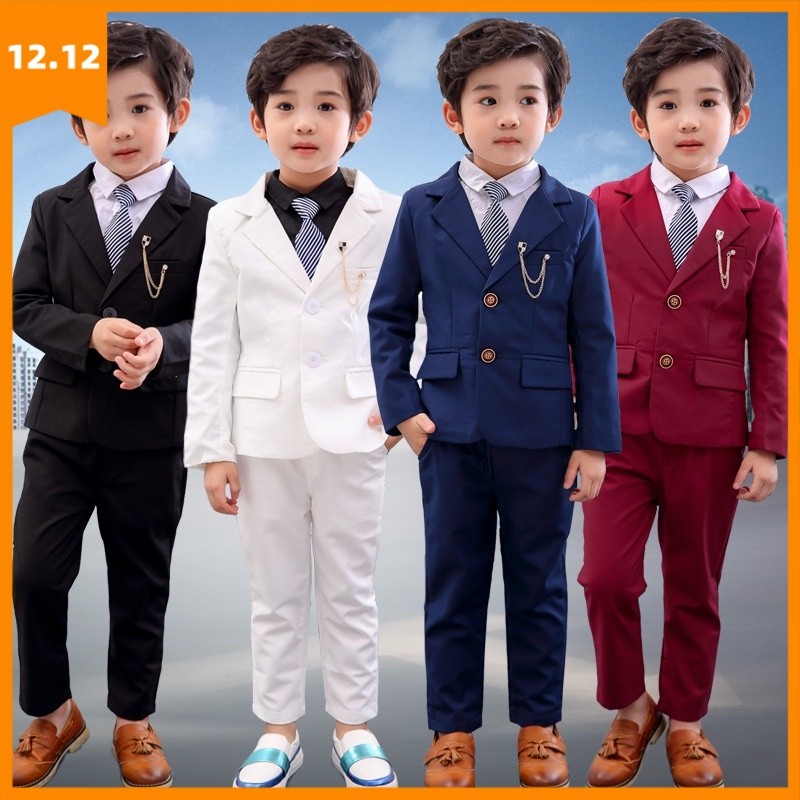 ชุดเสื้อแจ็กเก็ตแขนยาว และกางเกง และเนคไทน์ สีฟ้า และสีแดง สีขาว สําหรับเด็กผู้ชาย เหมาะกับงานปาร์ตี้วันเกิด และงานแต่งงาน จํานวน 2-11 ปี จํานวน 4 ชิ้น