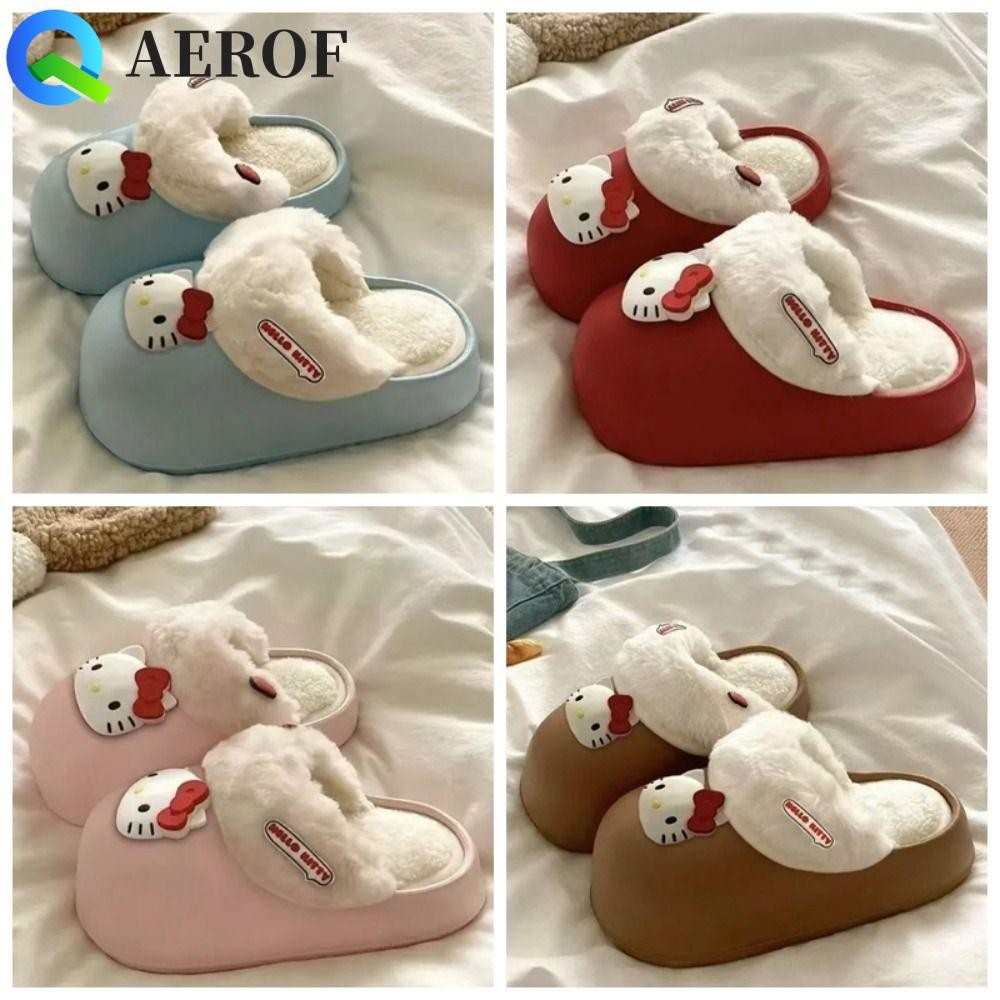 Aerof รองเท้าแตะขนสัตว์อุ่น, รองเท้าแตะตุ๊กตาคิตตี้กันลื่นในบ้าน, Kawaii กันน้ําในร่มกลางแจ้งนักเรียนรองเท้าแตะปุยของขวัญ
