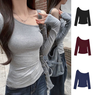 Women Casual  Off Shoulder Plain Slim Fitting Top Basic Long Sleeved T Shirt for Autumn  2666
