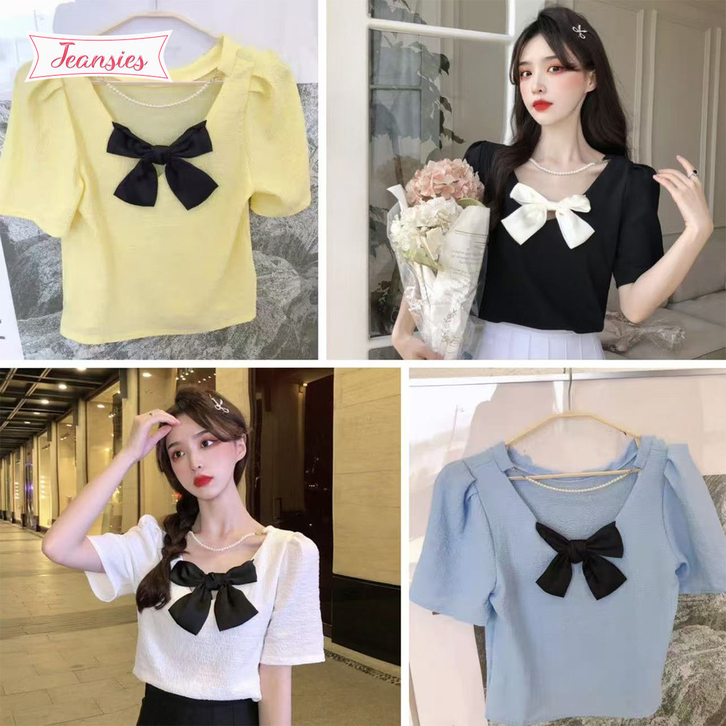 เสื้อผ้าผู้หญิง คอวี แขนสั้น ผูกโบว์ สไตล์มินิมอล