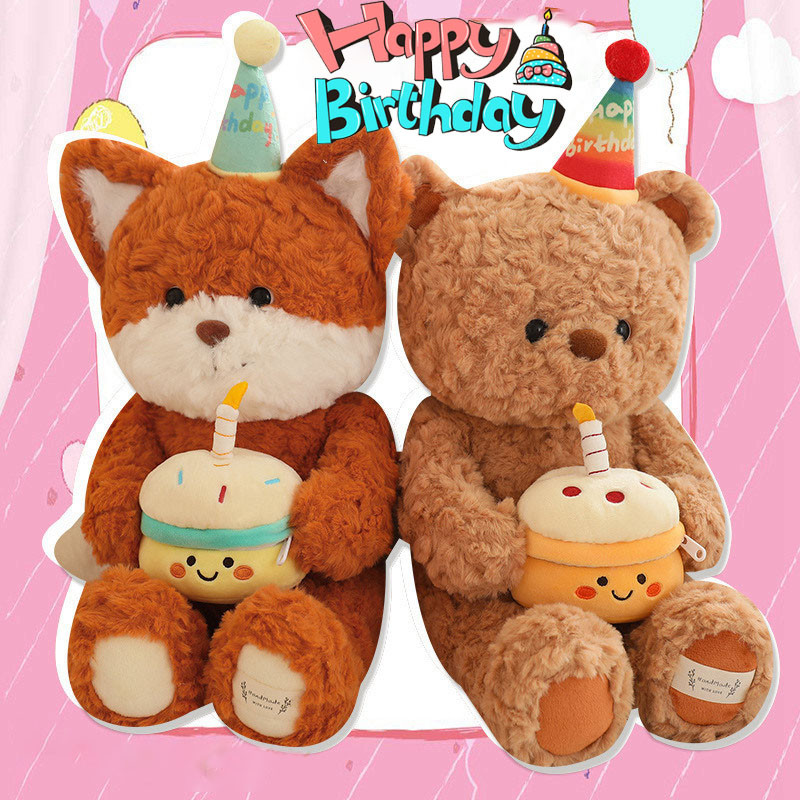 ของแท้วันเกิด ตุ๊กตาหมี 40cm เค้กวันเกิดน่ารักหมี/สุนัขจิ้งจอก ตุ๊กตาของเล่น ของขวัญวันเกิดสําหรับเด็ก