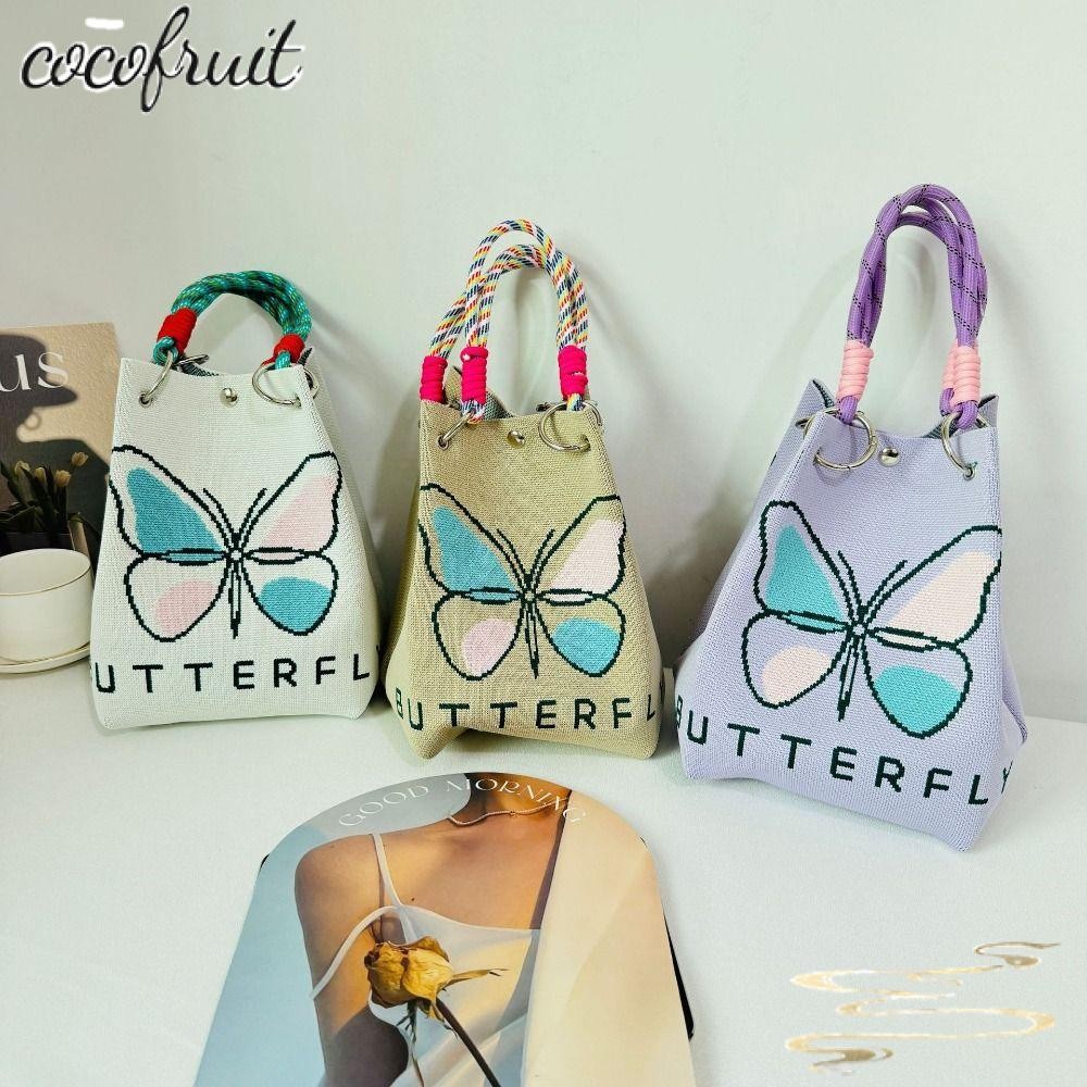 Cocofruit กระเป๋าถือแฟชั่นสตรี,กระเป๋าถือน่ารักอเนกประสงค์ผีเสื้อถักกระเป๋าถัง,กระเป๋าใบเล็กดอกไม้กระเป๋าถือช้อปปิ้งแบบพกพา