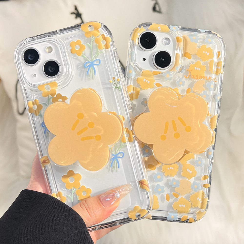 INS Case เคส iPhone 16 15 14 13 12 11 Pro Max XR XS Max X 7 8 6 Plus เคสนิ่มแบบตั้งได้ใสลายการ์ตูนนางฟ้าดอกไม้สีเหลือง